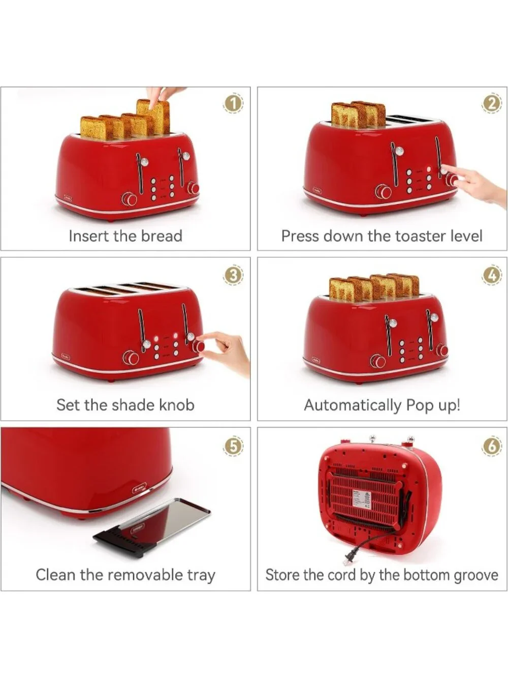 4 Slice Red Retro Stainless with 6 Bread Shade Settings 1.5''Wide Slots Toaster